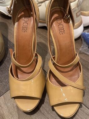 Patent Leather Open-Toe Heels in Tan